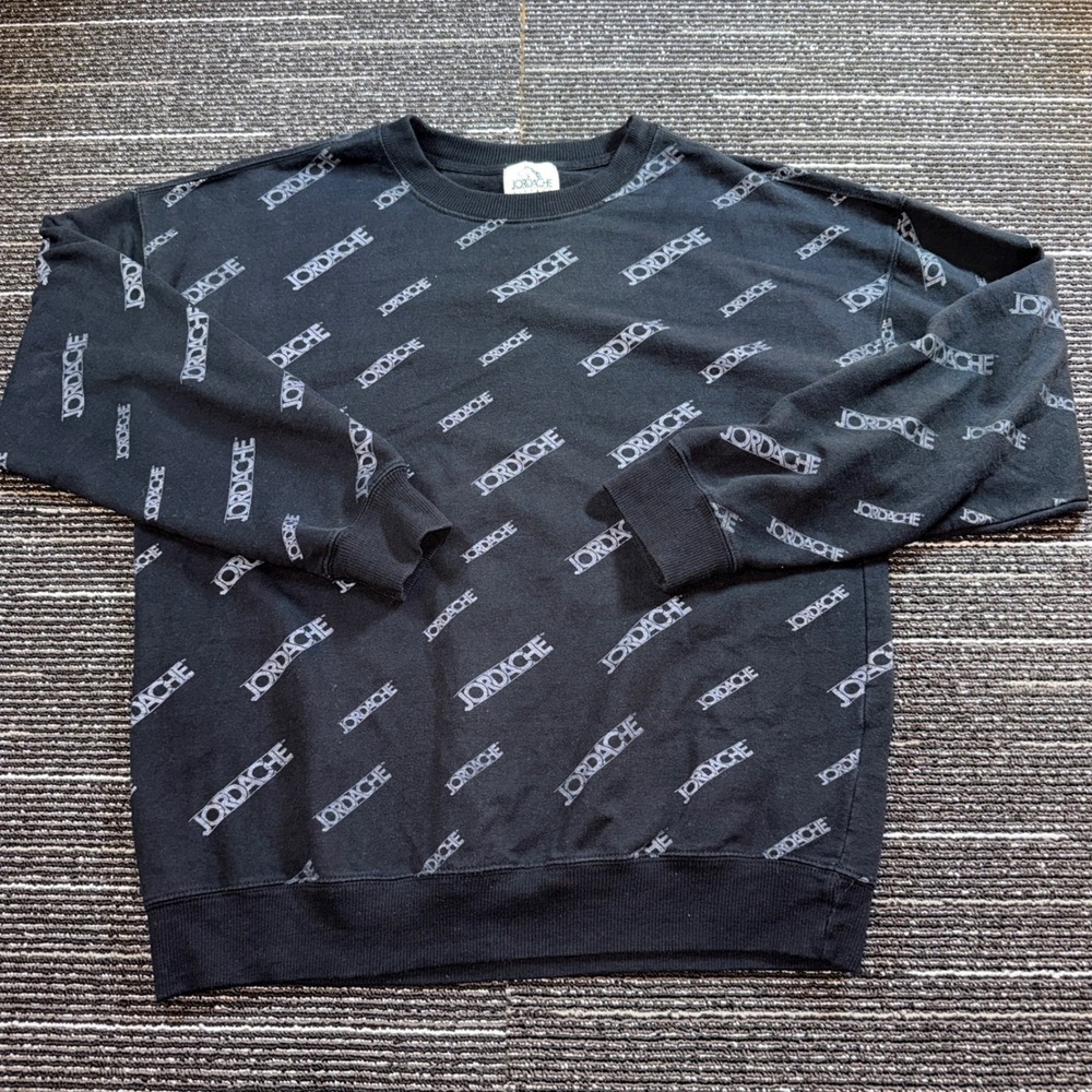 Jordache-Vintage Sweatshirt Unisex XL Black All Over Logo Print
